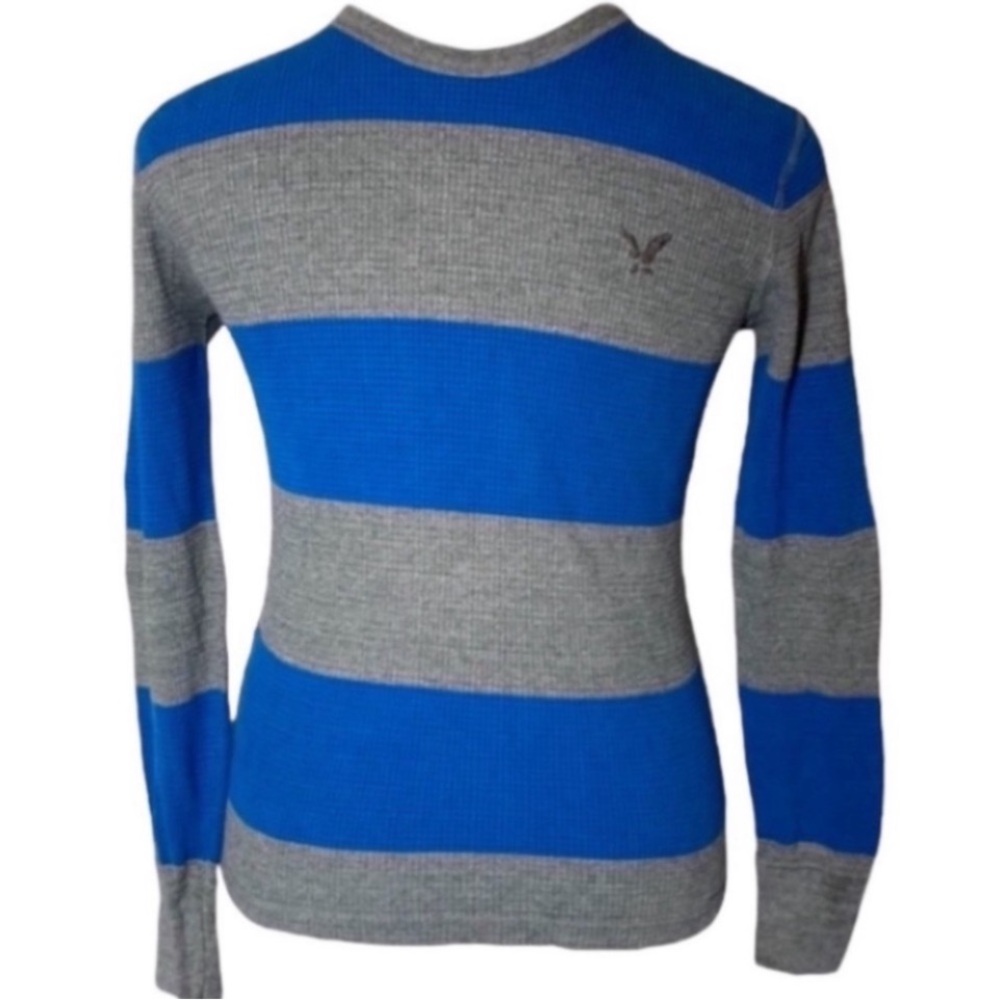 American Eagle Shirt Thermal Striped Sweater Gray Blue Long Sleeve Stripes Knit